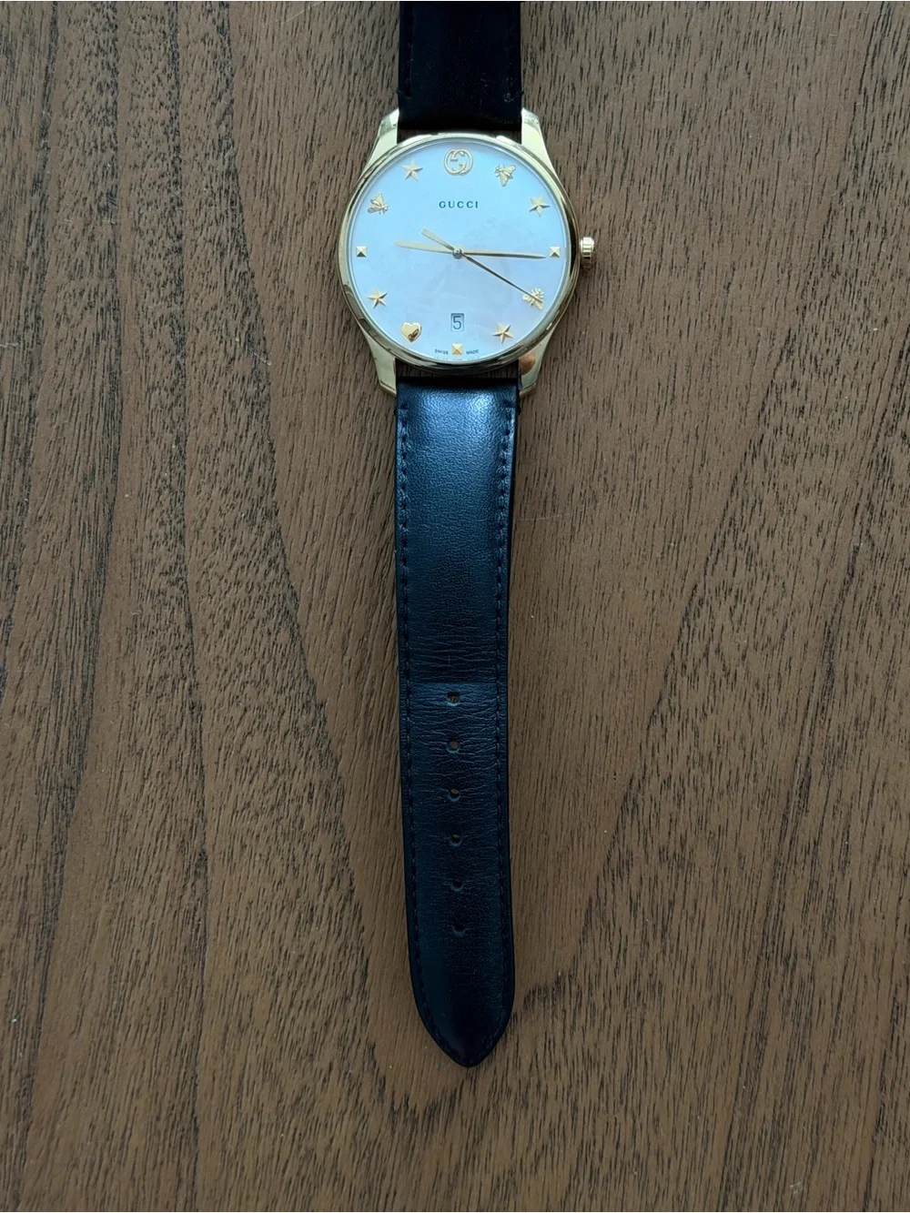 Gucci Black Leather Strap Gold-Tone Case Watch with Mother-of-Pearl Dial